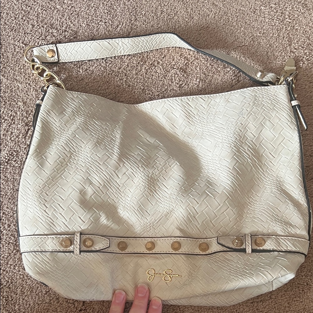 Jessica Simpson Textured Cream Shoulder Bag with Gold Accents